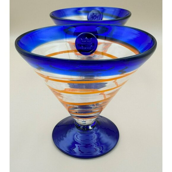 Pair of Royal Caribbean Cocktail Dessert Glasses Orange Cobalt Swirl - Picture 4 of 8